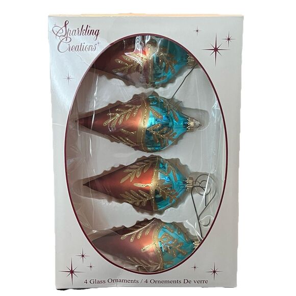 Vintage 90s Sparkling Creations Glass Ornaments 4 Set Rust  Aqua Gold Glitter - Picture 1 of 6